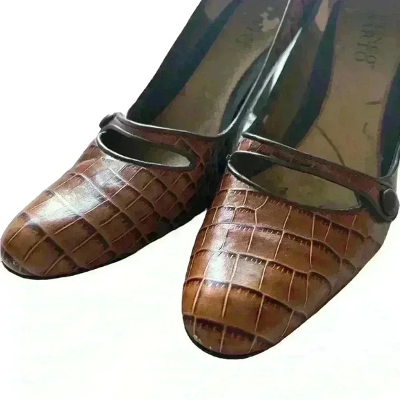 Franco Sarto Brown Crocodile Leather Pumps Size 7 1/2 Pointed Toe MaryJane Heels - Picture 7 of 8